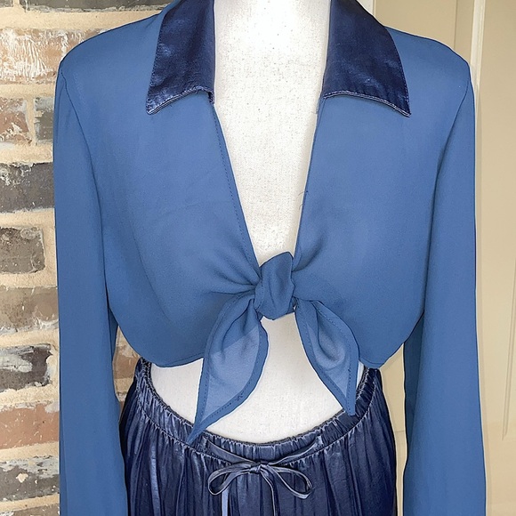 Vintage Judy Knapp Slate Blue Satin Pants Set Sheer Self Tie Halter Top Rayon LG - Picture 3 of 14